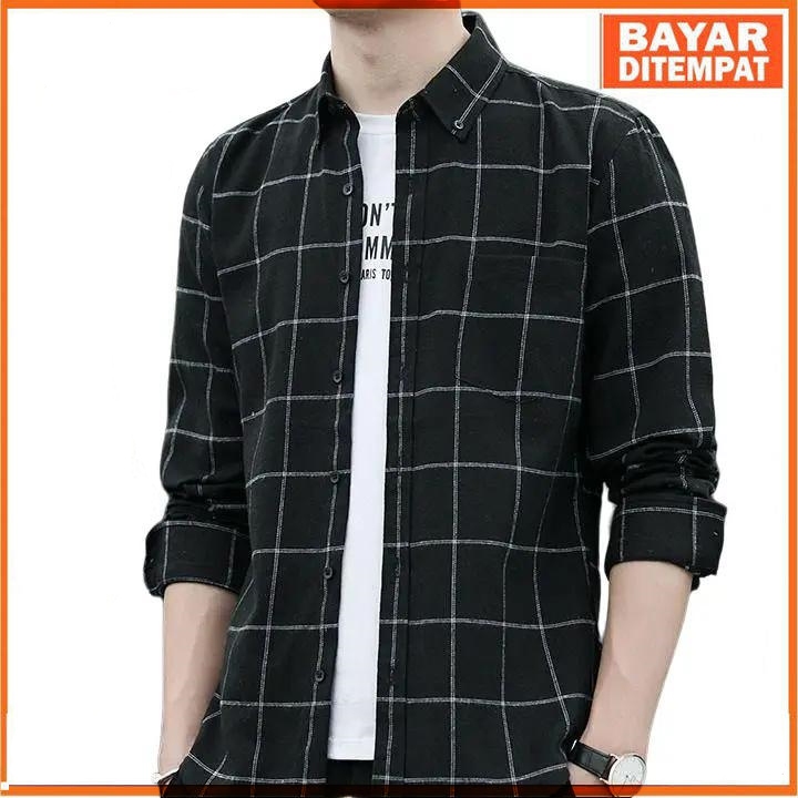 Kemeja Flanel Pria Wanita Lengan Panjang Motif Kotak-Kotak Warna Hitam Garis Putih