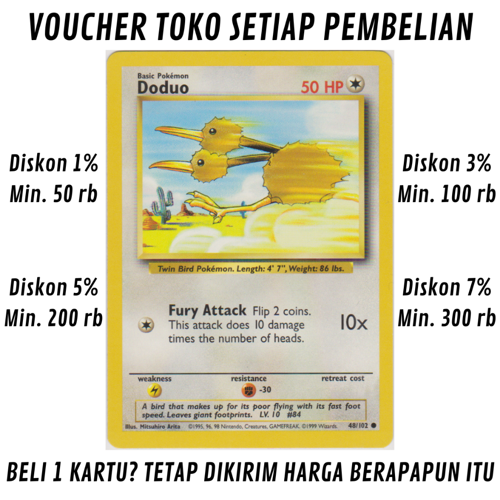 [6050] Kartu Pokemon TCG Bahasa INGGRIS KONDISI SP (SLIGHTY PLAYED) Doduo Base Set 48/102