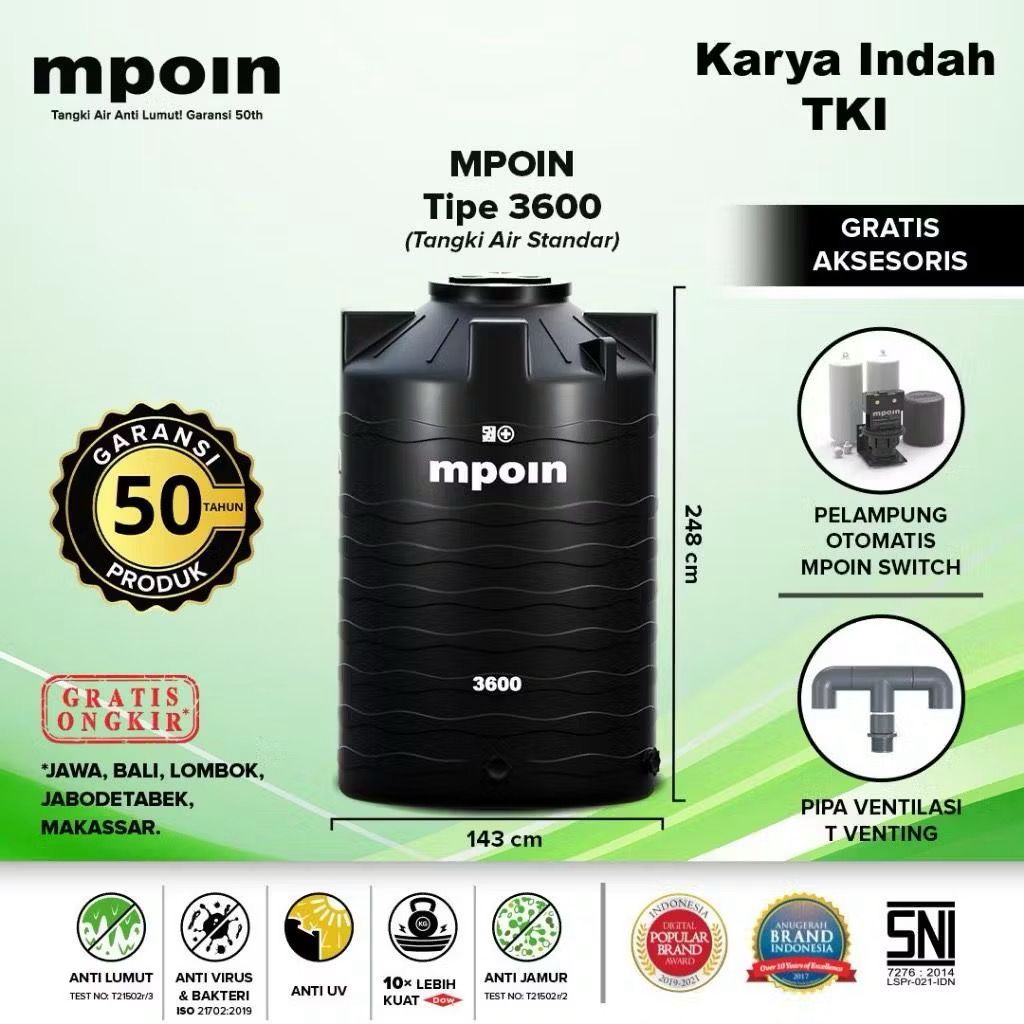 Tangki Air MPOIN W3600 3600L Wave Series Water Tank Toren Tangki Air 3600 Liter W 3600 Hitam