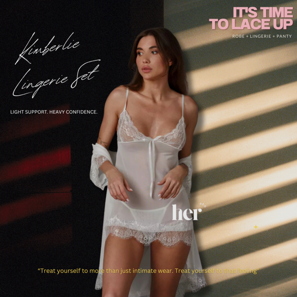 Her Red | Kimberlie Lingerie Set Wanita Kimono Robe Lace Mesh Premium Warna Nude Putih Freesize 40-6