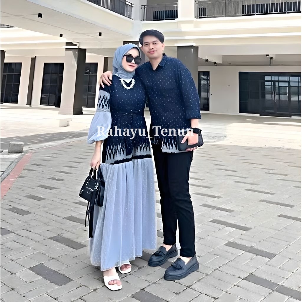 Rahayu Tenun Niken Dress Abu Navy set baju pasangan pria wanita kondangan prewedding guru kartinian 