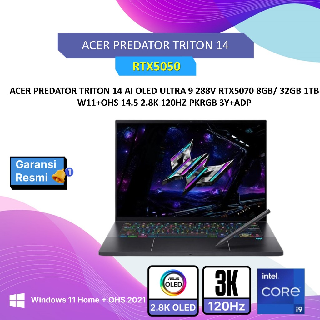 ACER PREDATOR TRITON 14 AI OLED ULTRA 9 288V RTX5070 8GB/ 32GB 1TB W11+OHS 14.5 2.8K 120HZ PKRGB 3Y+