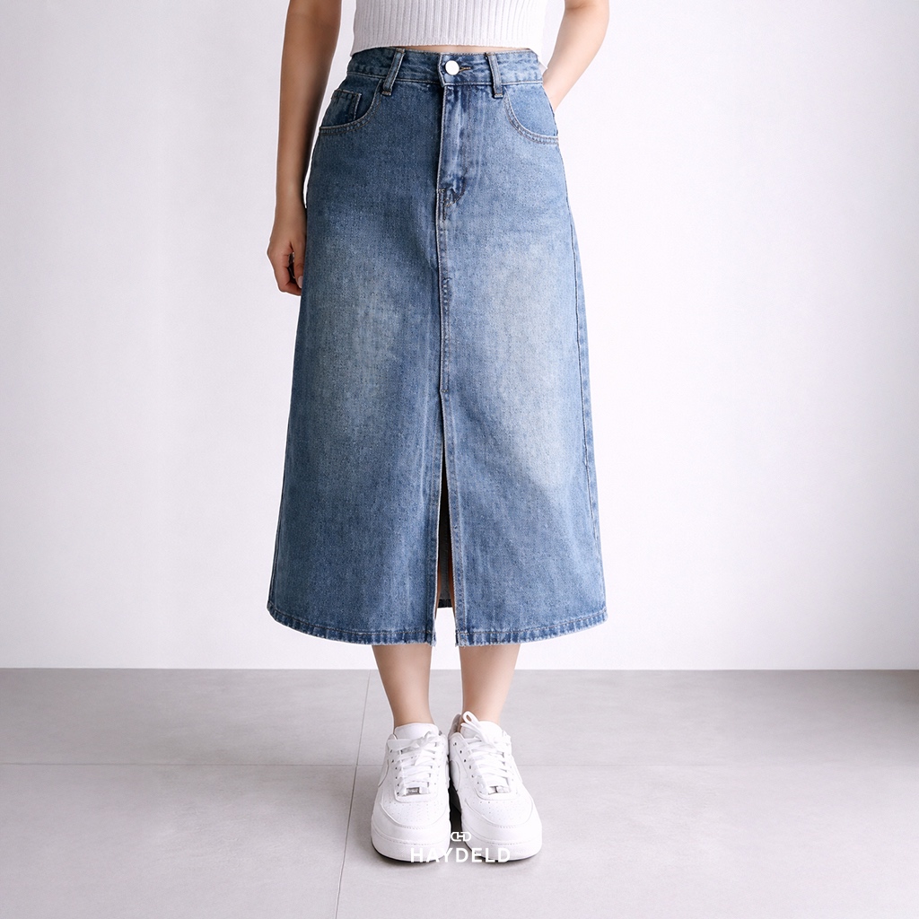 Rok Denim Belah Depan | Rok Retro Highwaist | Rok Denim Korea Kekinian | Rok Jeans Wanita | Rok Deni