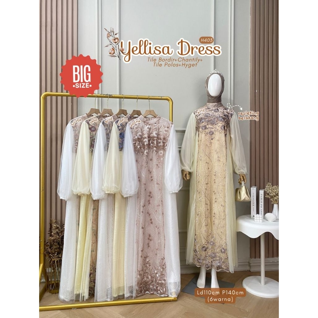 Grosir Yellisa Dress H403 bahan tile bordir tile polos chantily furing Ld 110