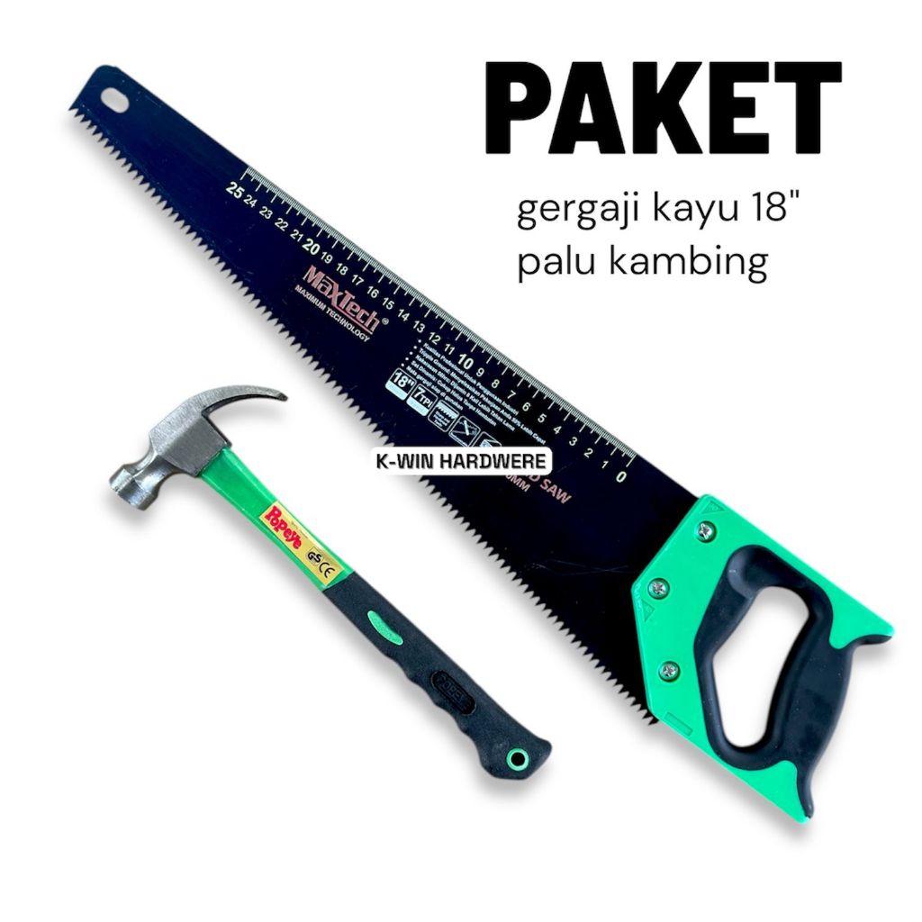 Paket Gergaji + Palu Besi Kambing Gergaji Kayu Gagang Karet 18 inch / Gergaji Tukang Graji Murah Met