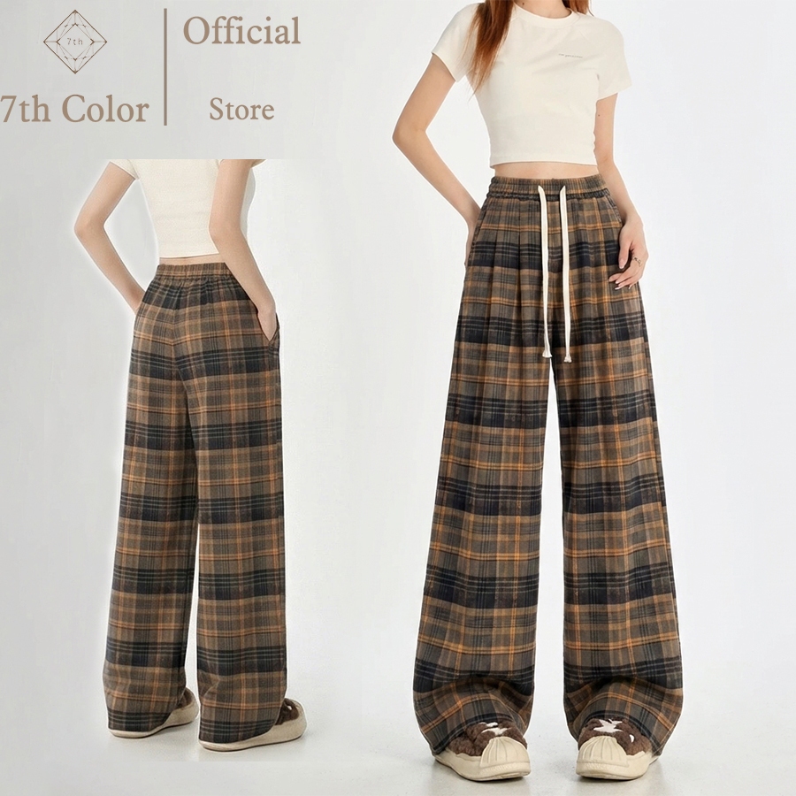 7th Color / Celana Santai Wol Motif kotak-kotak Celana Korean Style Celana Kulot Wanita