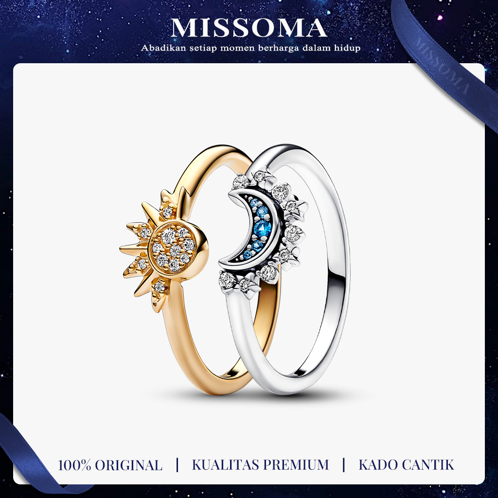 MISSOMA - Pandora Cincin Silver S925 Celestial Sparkling Sun & Blue Sparkling Moon Ring Tumpuk Perak