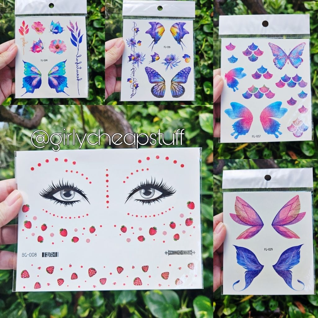GCS Stiker Tato Temporer Stroberi Kupu- kupu untuk Make Up Cosplay Stiker Sayap kupu-kupu berkilau s