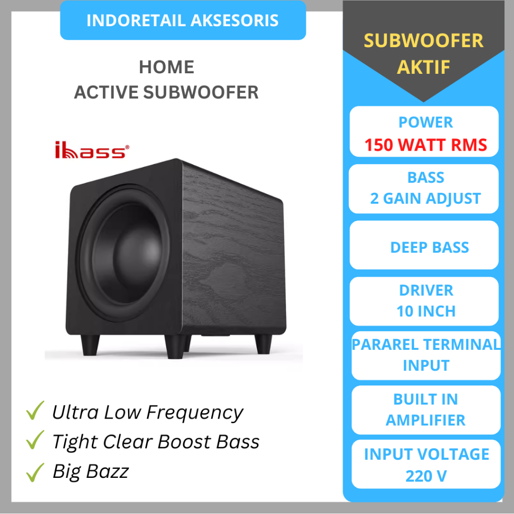 iBASS SUBWOOFER ACTIVE 10 INCH 150 WATTS RMS PEAK 300 WATTS LINE OUT IN DEEP BASS BAZOOKA BAZOKA EMP