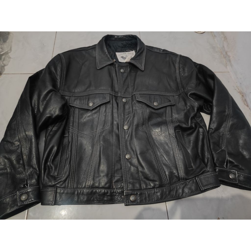 Jaket kulit tebal lentur trucker model lepong