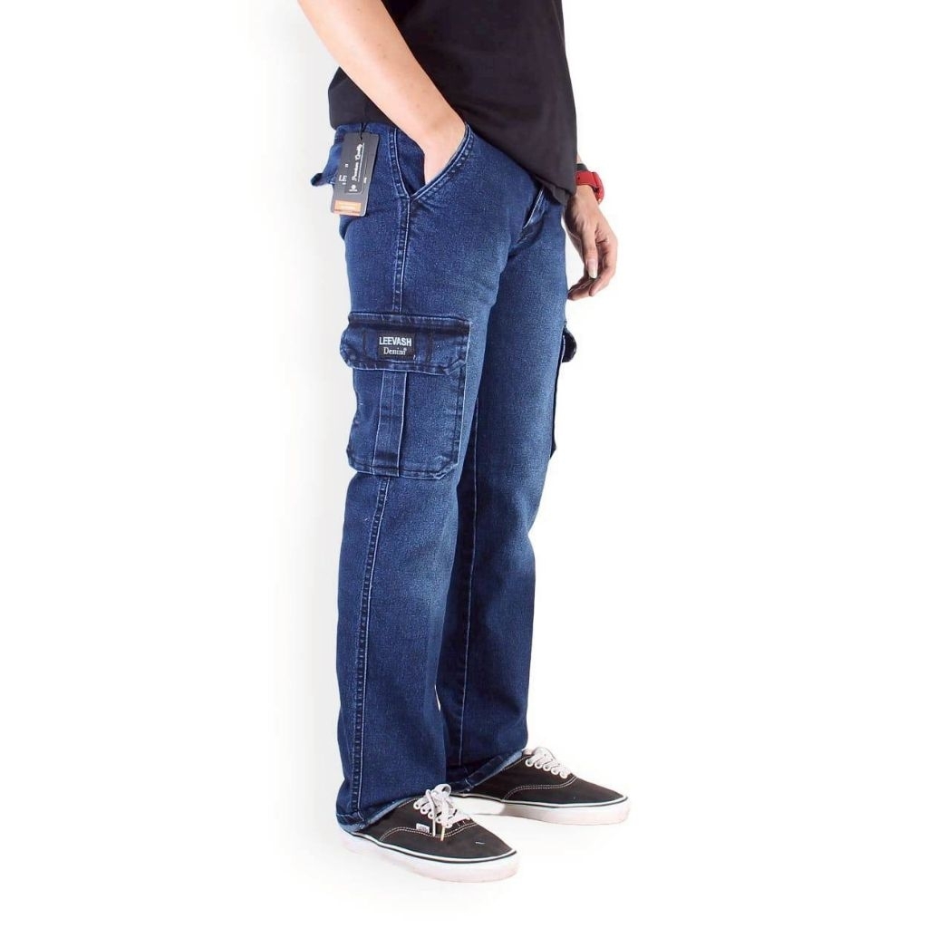 LEEVASH 100% Original Celana Cargo Jeans Slimfit Stretch Pria Panjang Celana Denim Kargo Peria Fashi