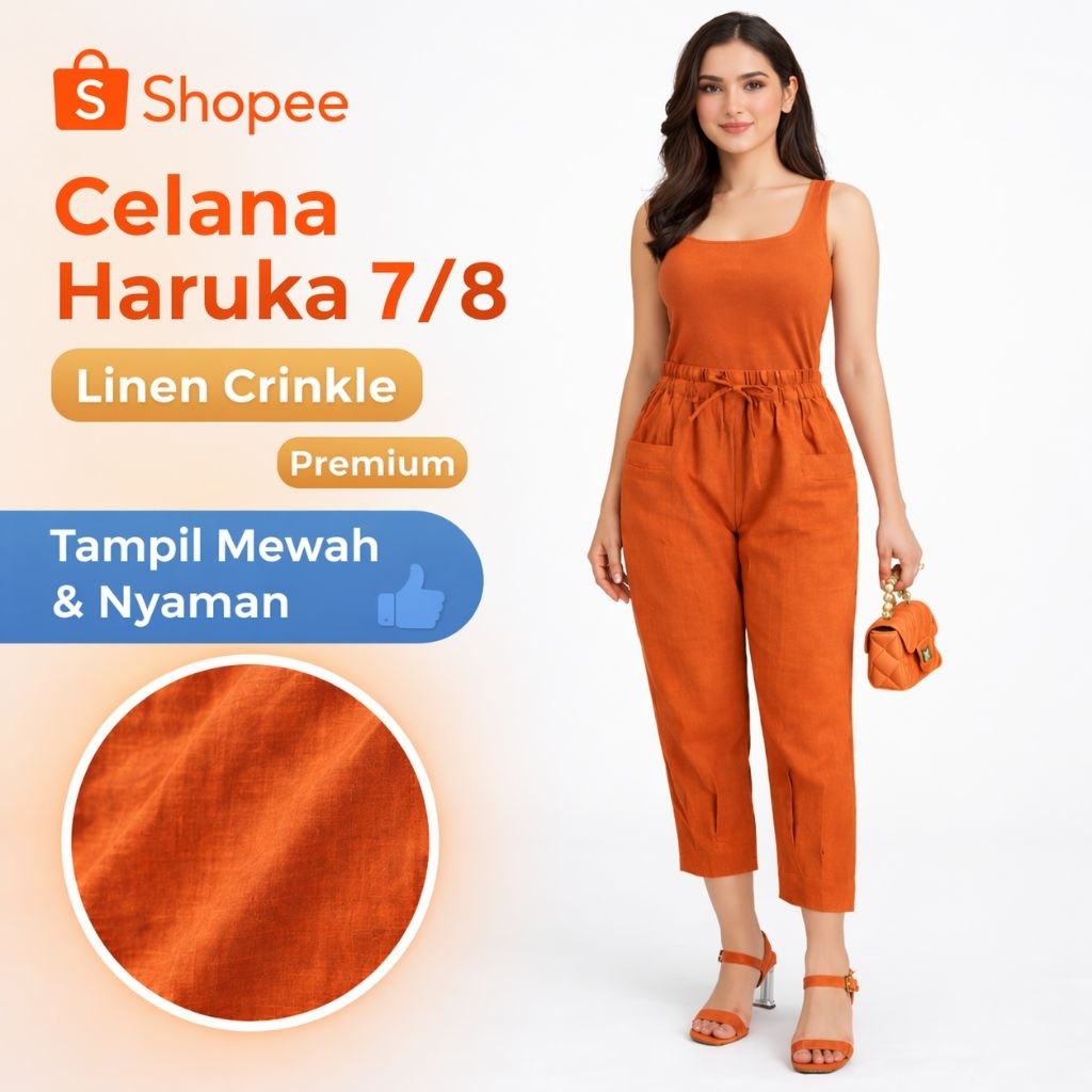 Celana 7/8 Wanita Haruka Linen Crinkle Premium Standar & Jumbo Ankle Pants Highwaist Loose Kulot Iro