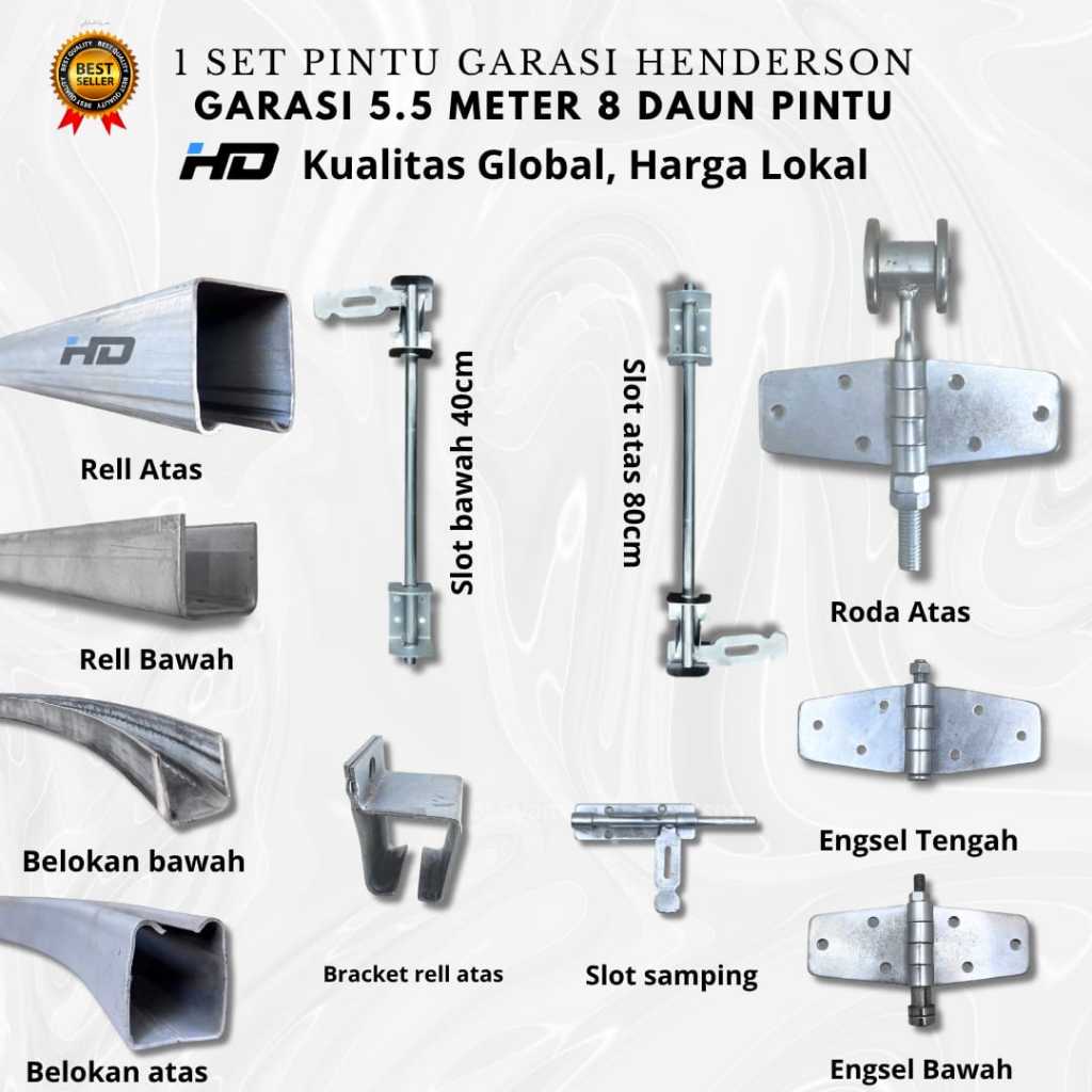 Set Rel Pintu Garasi Henderson Panjang 5.5 Meter 8 Daun Pintu Full Aksesoris