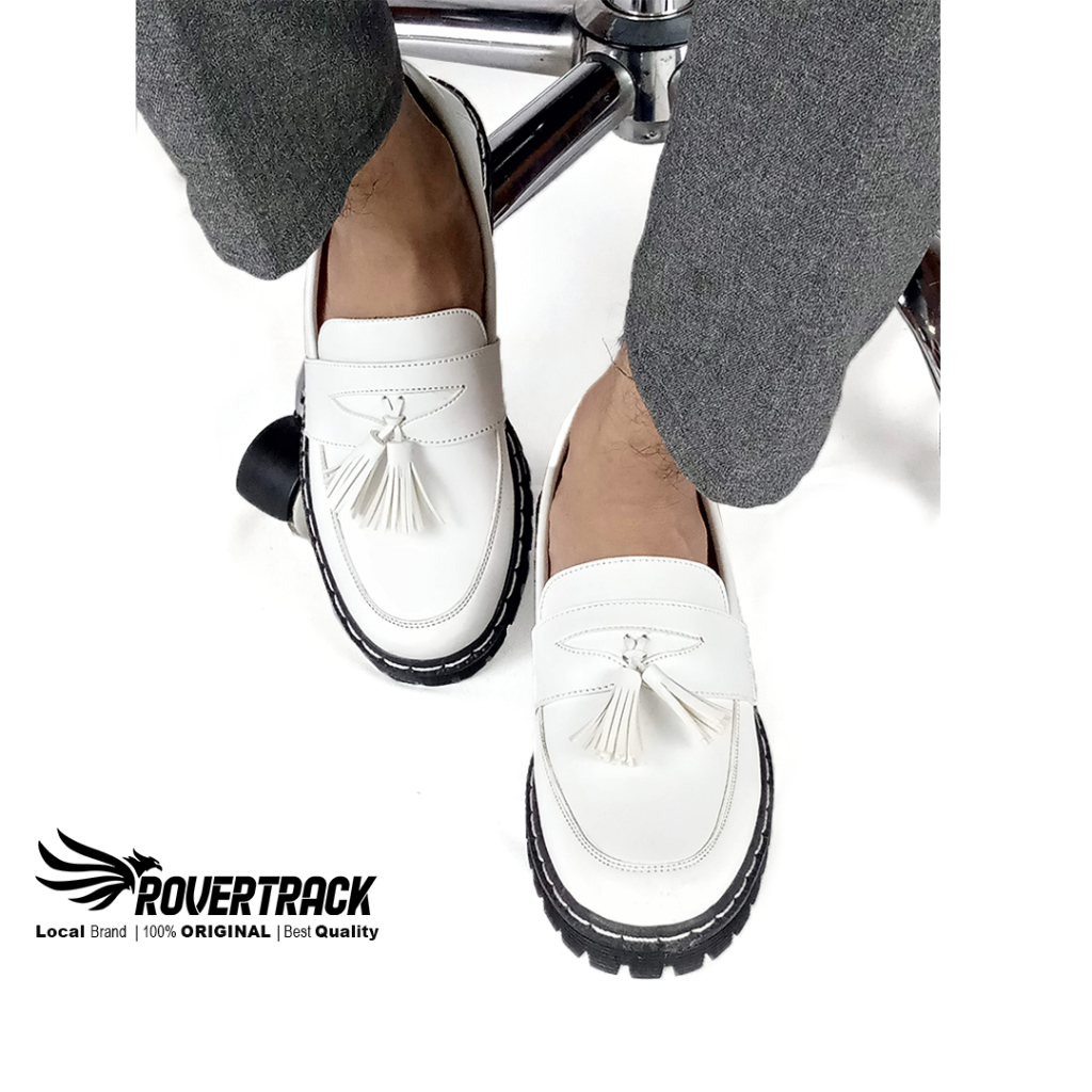 Rovertrack Raycould - Sepatu Loafers Pria Kulit Putih Slip-On Kasual