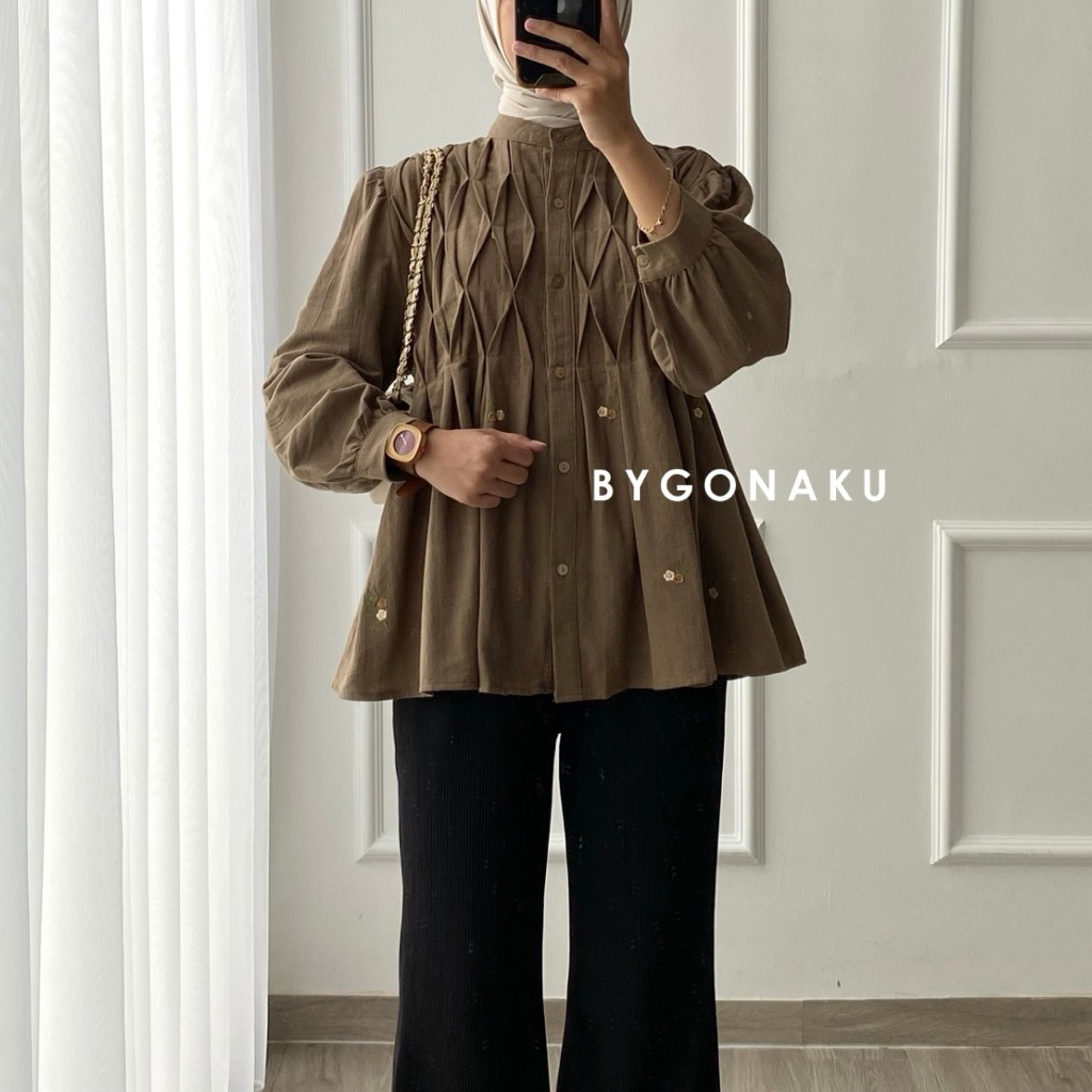 [GONAKU] Sery Embroidery Basic Shirt | Busui Friendly | Bigsize Oversized Shirt | Kemeja Linen Wanit
