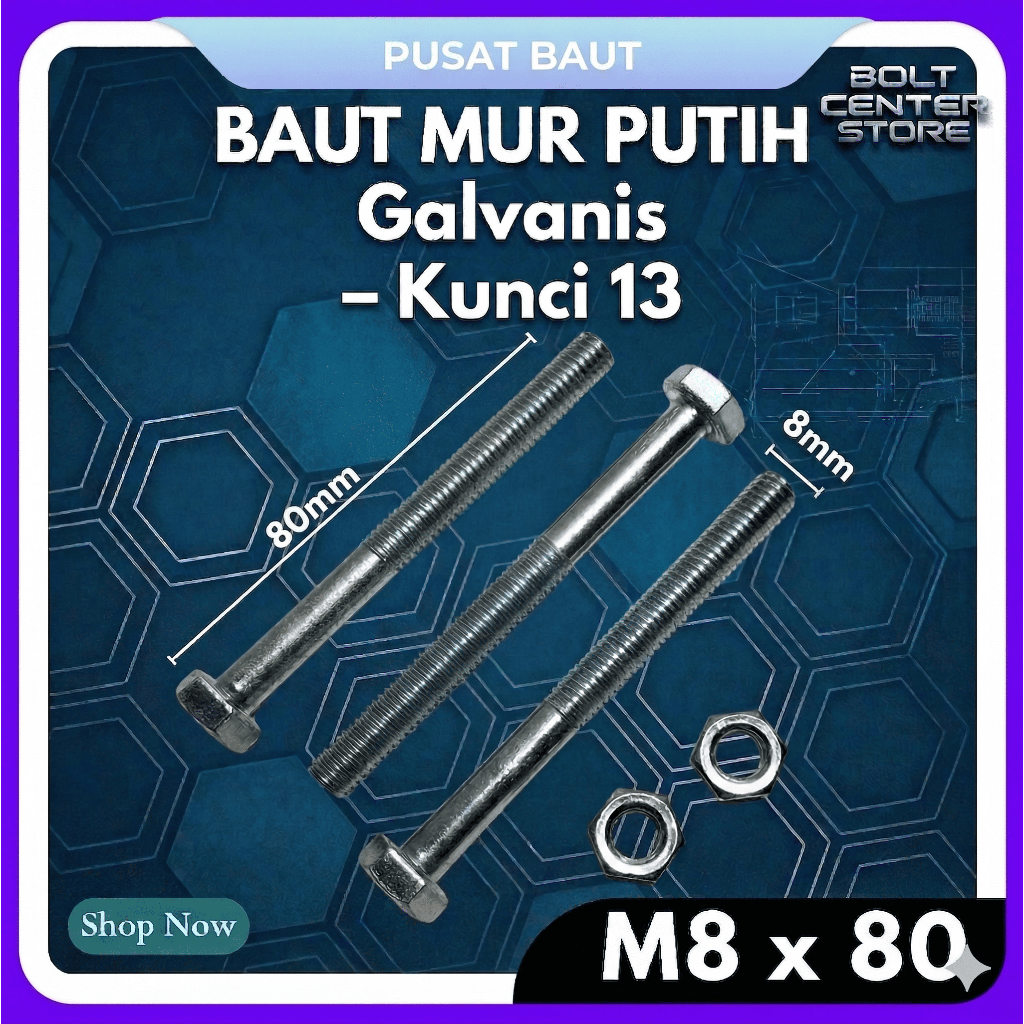 M8x80 Baut Mur M8 X 80 BMP Galvanis Putih