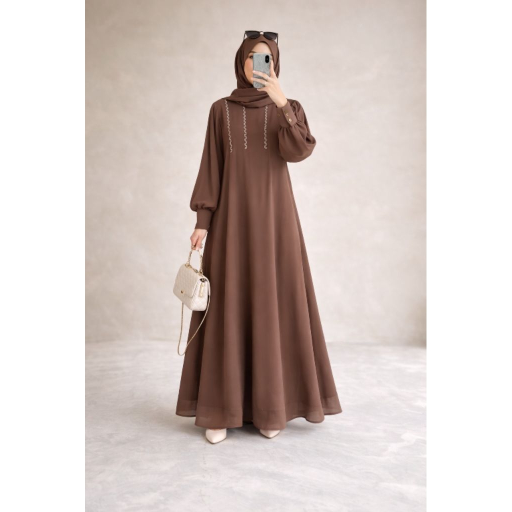Gamis Ceruty Babydoll Premium Full Furing AVR Alvaro Collections | Dress Muslimah Elegan Warna Taupe