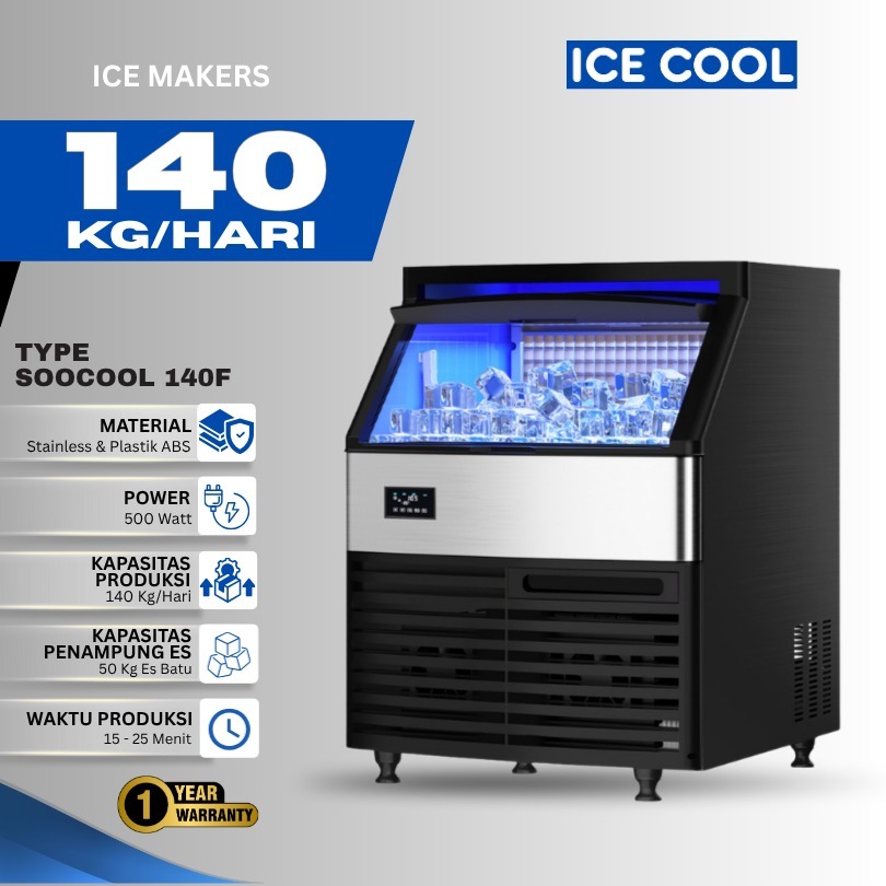 ICECOOL Mesin Es Kristal Komersial 140Kg/24 Jam, Daya Rendah 500Watt
