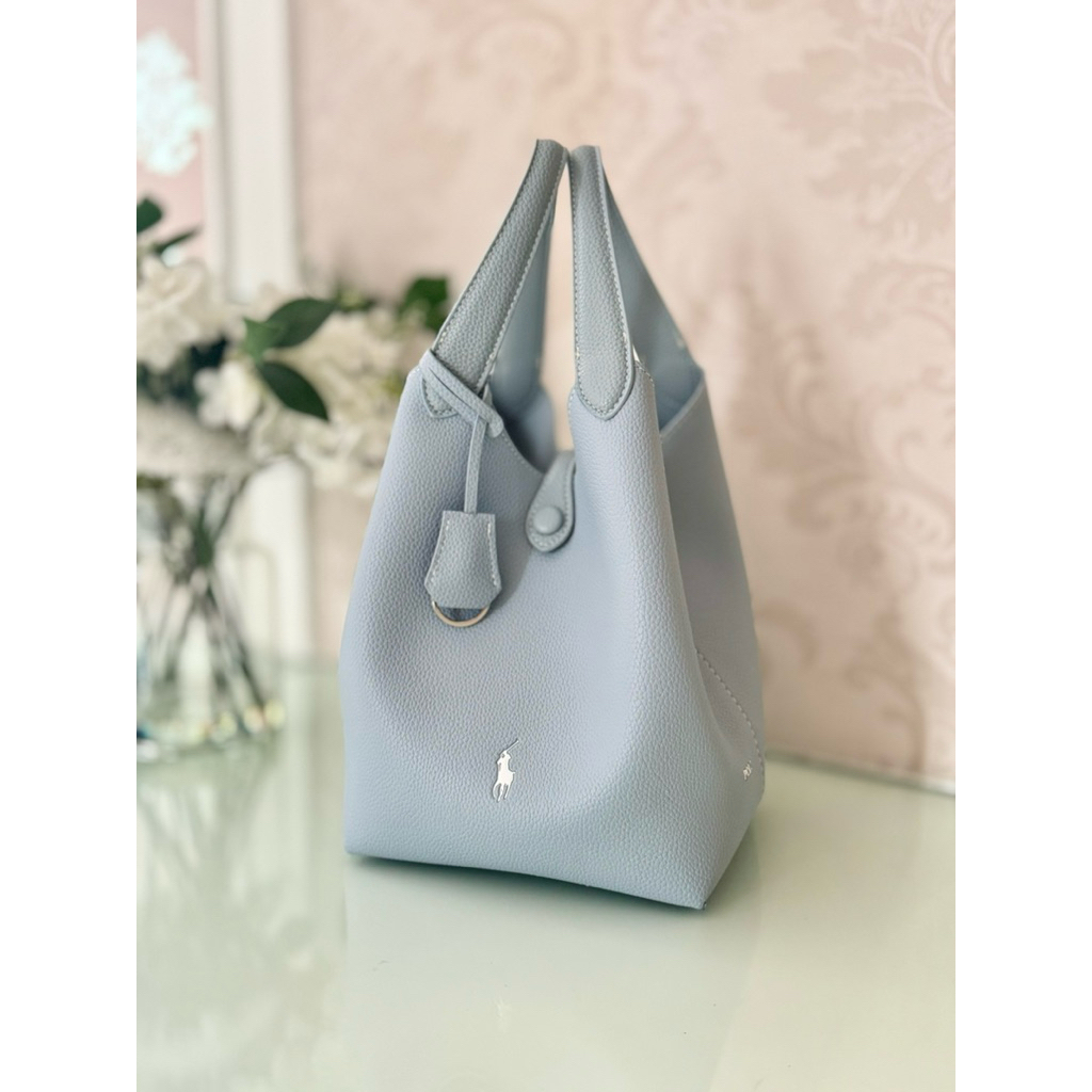 RALPH LAUREN Polo Small Calf Leather Tote Bag in Baby Blue