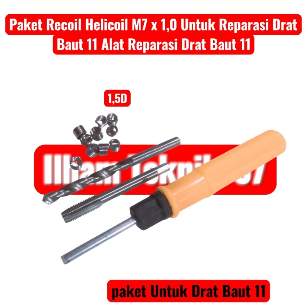 Paket Recoil Helicoil M7 x 1,0 Untuk Reparasi Drat Baut 11 Alat Reparasi Drat Baut 11