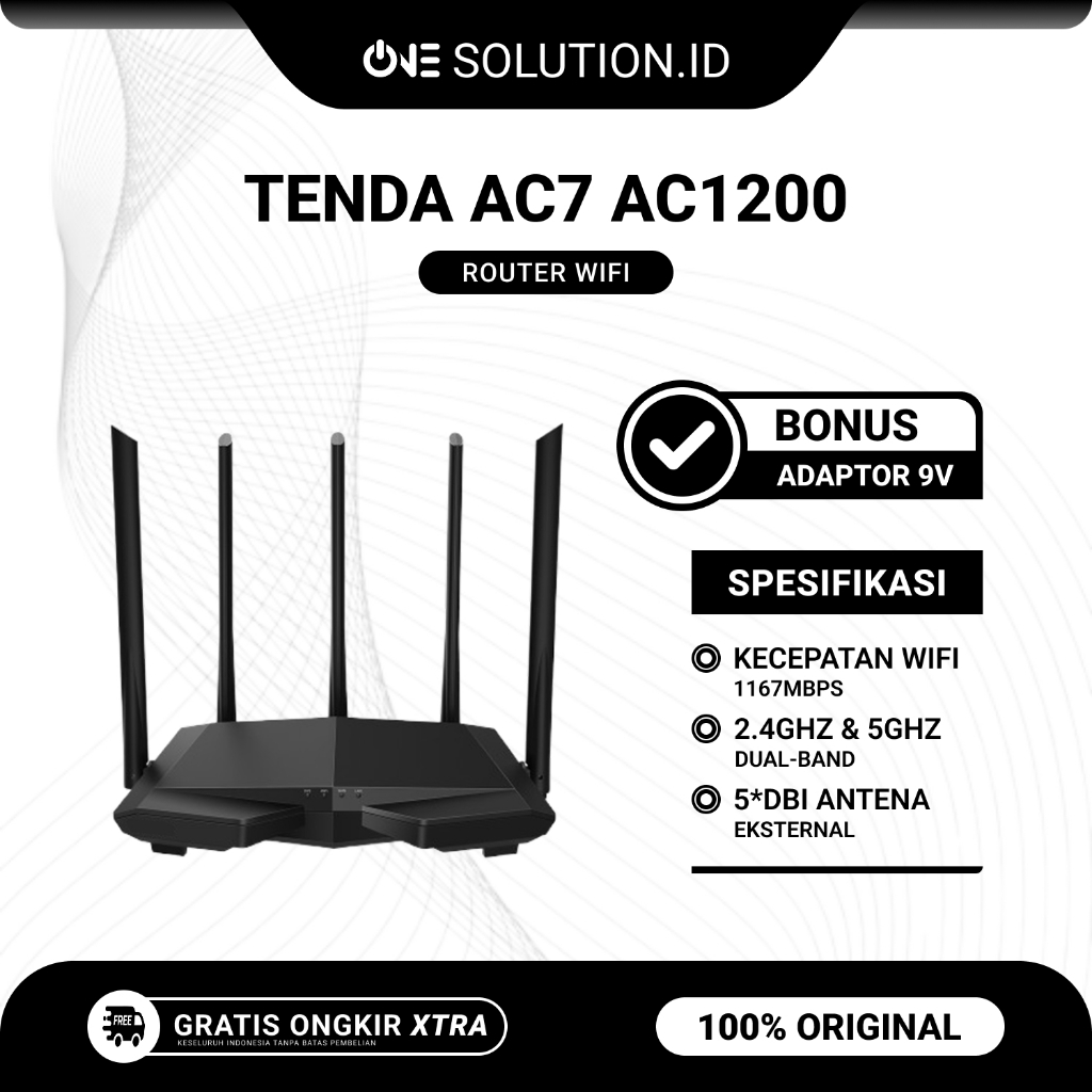 Tenda AC7 AC1200 Wireless WiFi Dual-Band 2.4GHz & 5GHz 5 Antena Router Bekas Original Bonus Adaptor