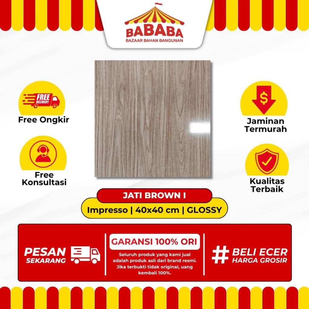 Keramik Lantai Ukuran 40x40 Impresso Jati Brown II Glossy Kilap Motif Serat Kayu Keramik Lantai Ruma