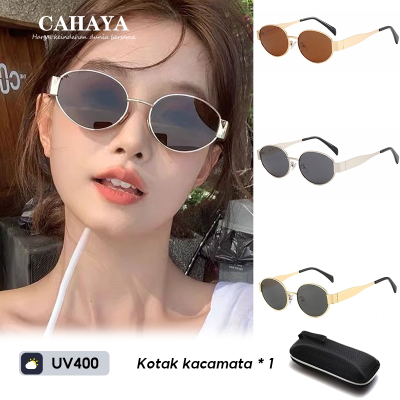 Kacamata Hitam Retro Elliptical Bingkai Kecil Sunglasses Logam Uv400 Wanita