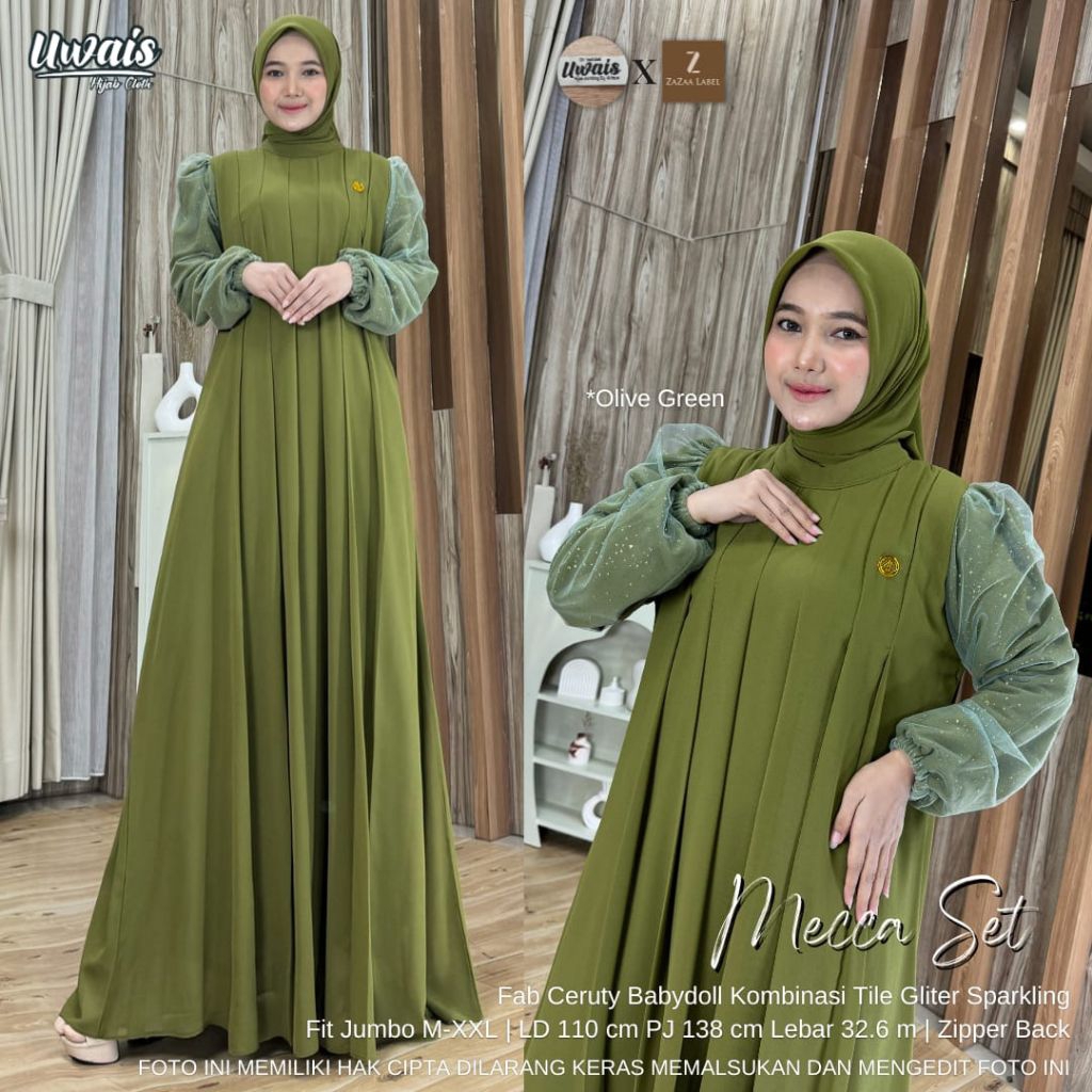 GHUI ~ MECCA SET HIJAB  SETELAN GAMIS CERUTY MIX TILE SPARKLING DAN KHIMAR SEGIEMPAT BY UWAIS X ZAZA