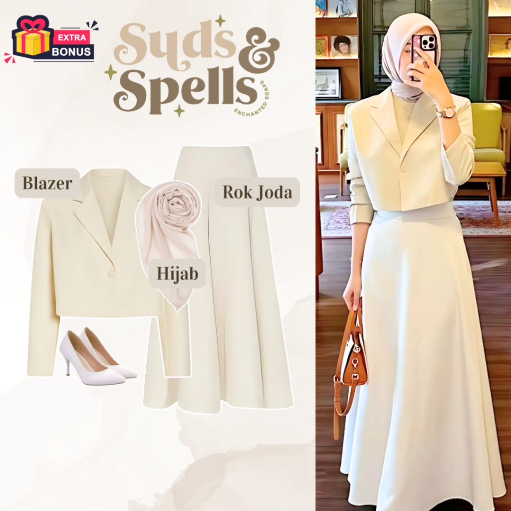 One set 3in1 setelan wanita hijab blazer jas putih broken white coksu coklat muda rok joda ivory cre