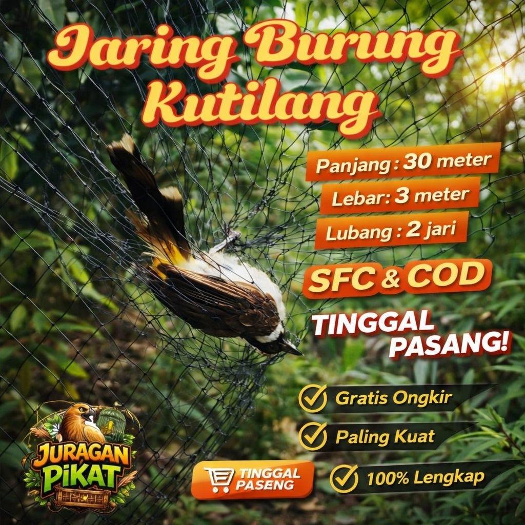 Jaring Burung Kutilang 30m x 3m Lubang 2 Jari – Jaring Perangkap Burung Siap Pakai