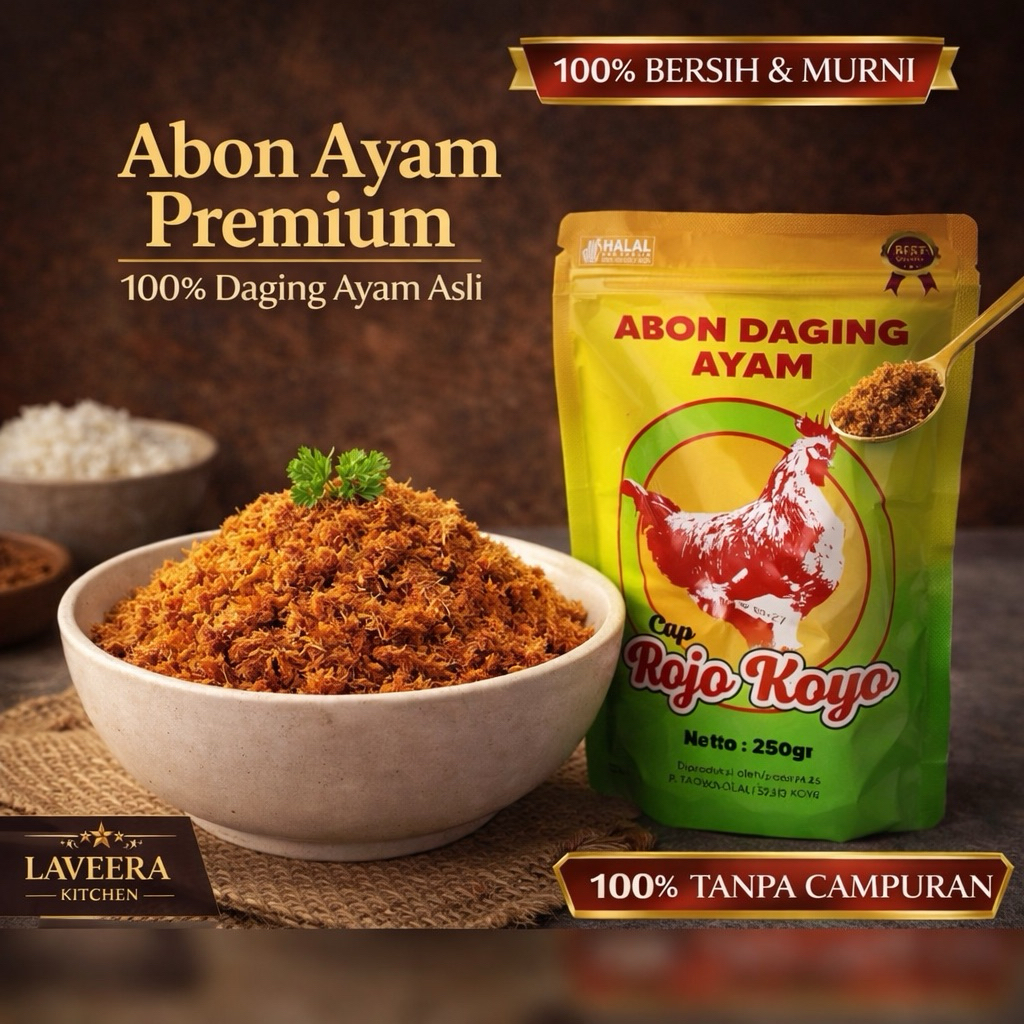 Abon Ayam Premium 100% Daging Ayam Asli - TANPA CAMPURAN - PREMIUM Gurih Kering- Rojo Koyo 250gr