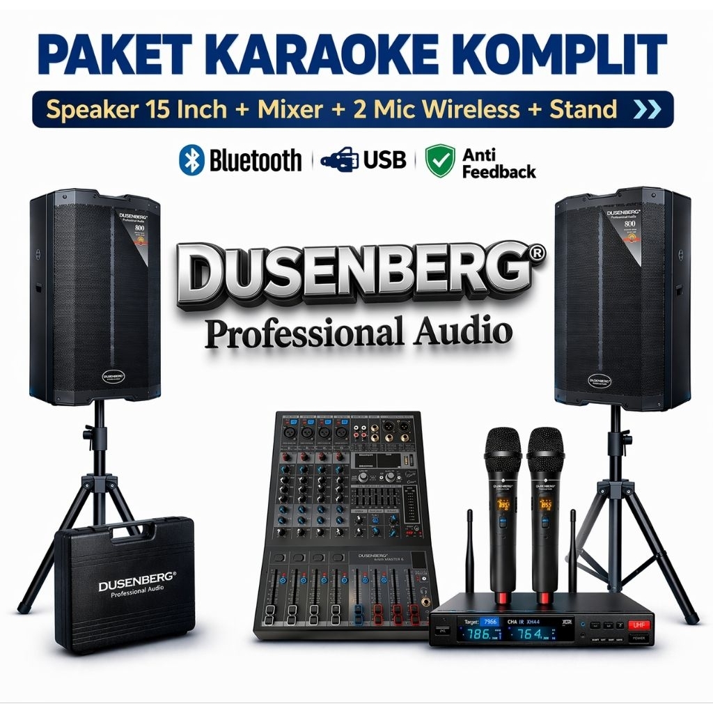 Paket Karaoke Komplit Speaker 15 Inch DUSENBERG + Mixer + 2 Mic Wireless + Stand | Bluetooth USB Ant