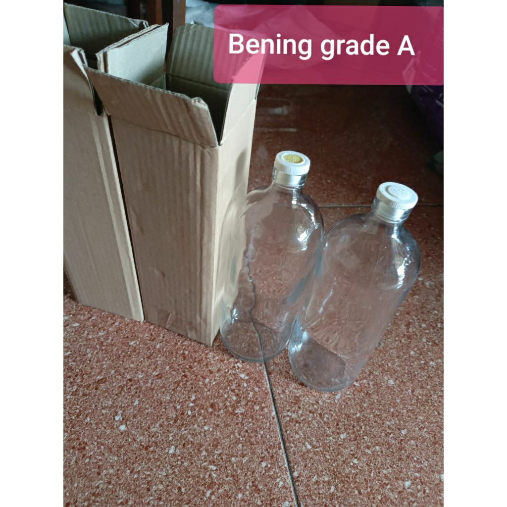 Botol Kaca bening bersih grade A untuk tempat usaha jualan bensin jamu & aneka minuman 1 Liter/1000m