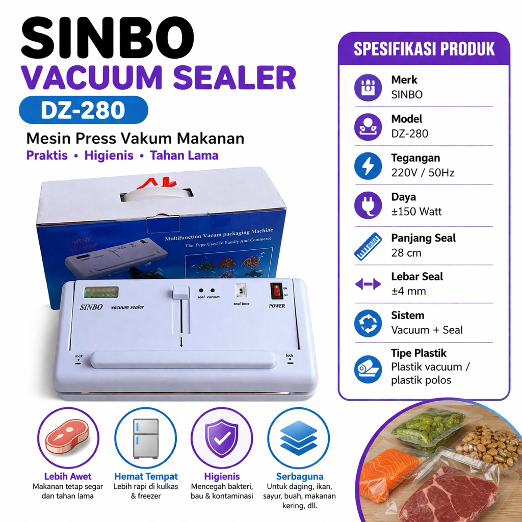 Vacuum Sealer SINBO DZ-280 | Mesin Vacuum Pengemas Plastik Makanan