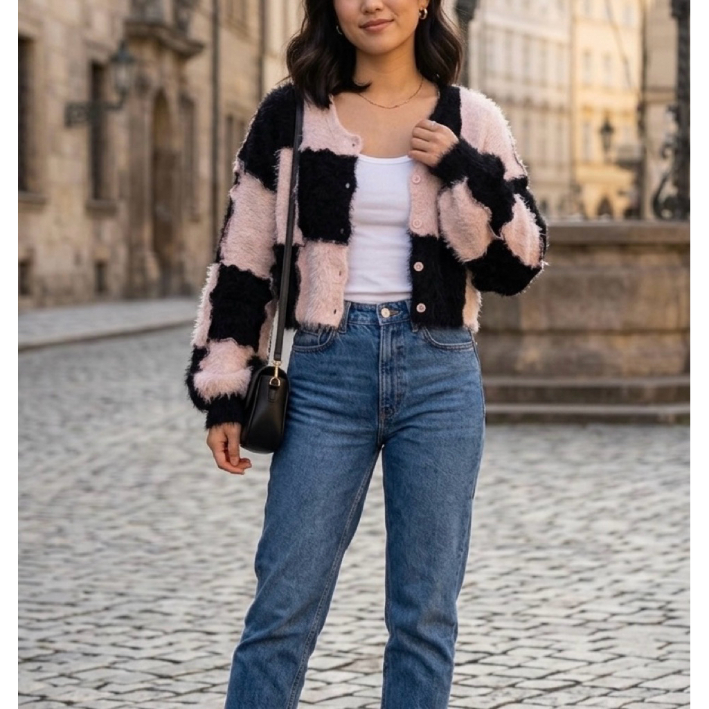 cardigan crop lengan balon fuzy - cardigan rajut lengan balon crop homemade - fuzy knit cardigan