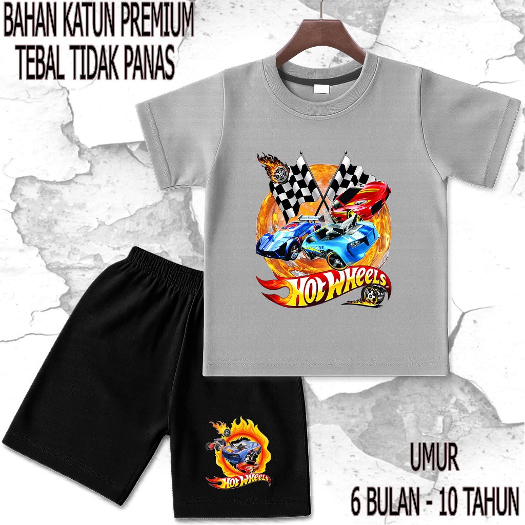 setelan baju anak - anak mobil hotwheel umur/tahun 6 bulan - 10 tahun bahan katun premium sablon DTF