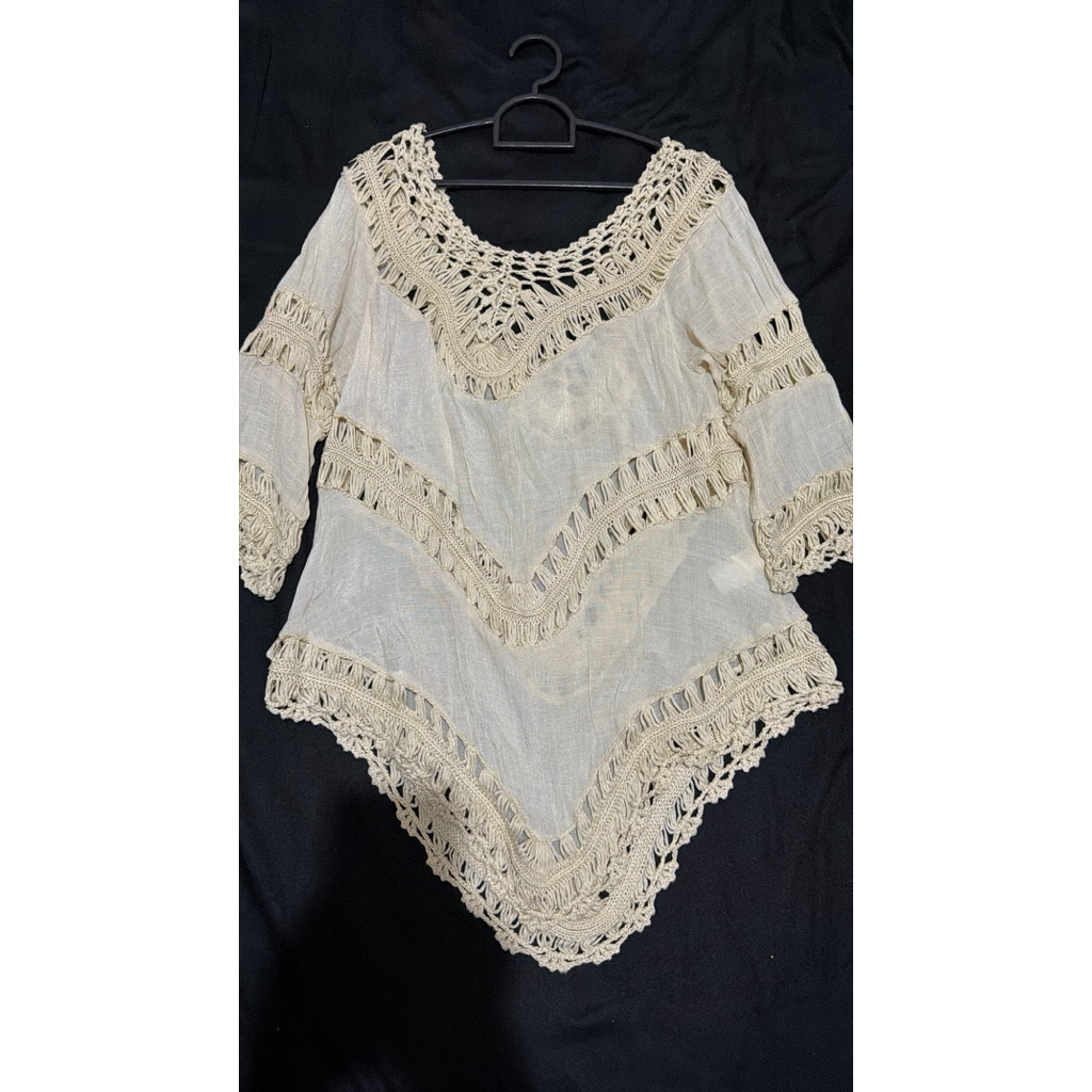 Blouse pantai Prancis Elegan dengan Renda Putih Krem