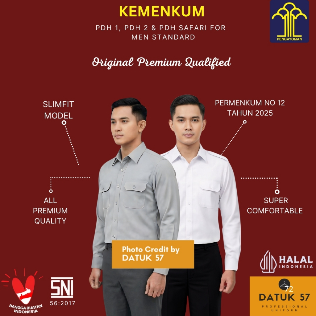 Original Datuk 57 Premium : Seragam Kemeja Baju Atasan PDH 1 PDH 2 PDH Safari Abu-abu & Putih untuk 