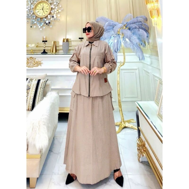 One Set Wanita Jumbo Cairo Set WD Size M L XL XXL XXXL LD 100-130 CM Bahan Linen Rami Setelan Rok Wa