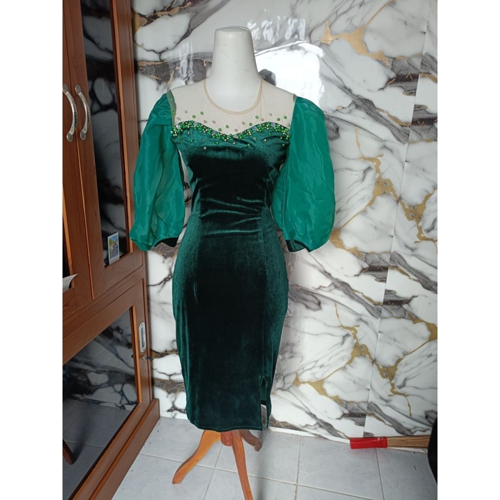 dress pendek bludru hijau botol mix organza M-L