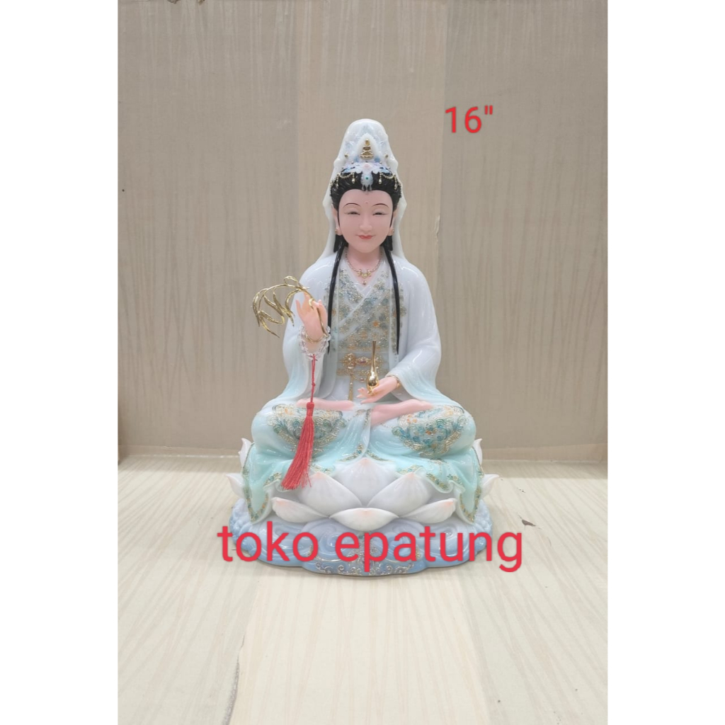 patung dewi kwan im / guan yin / kwan in - 16 inch - marmer / hpy  - putih hijau - rambut - l26