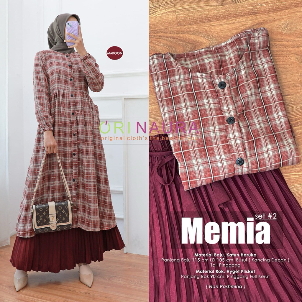MEMIA SET SETELAN TUNIK MUSLIM ROK PLISKET ORI NAURA