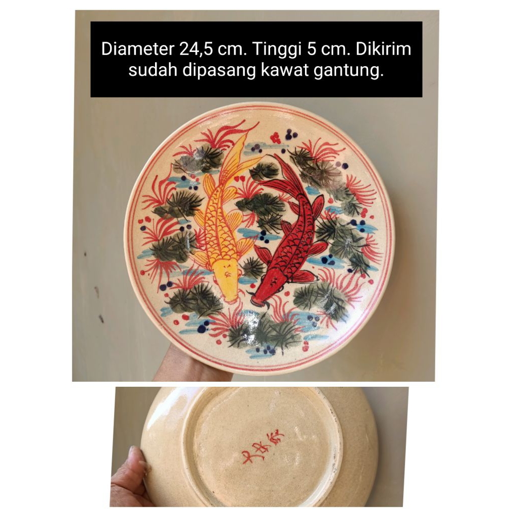Diameter 23 cm an sampai 25 cm an Piring gantung keramik lukis  biru putih dan warna warni gambar bu