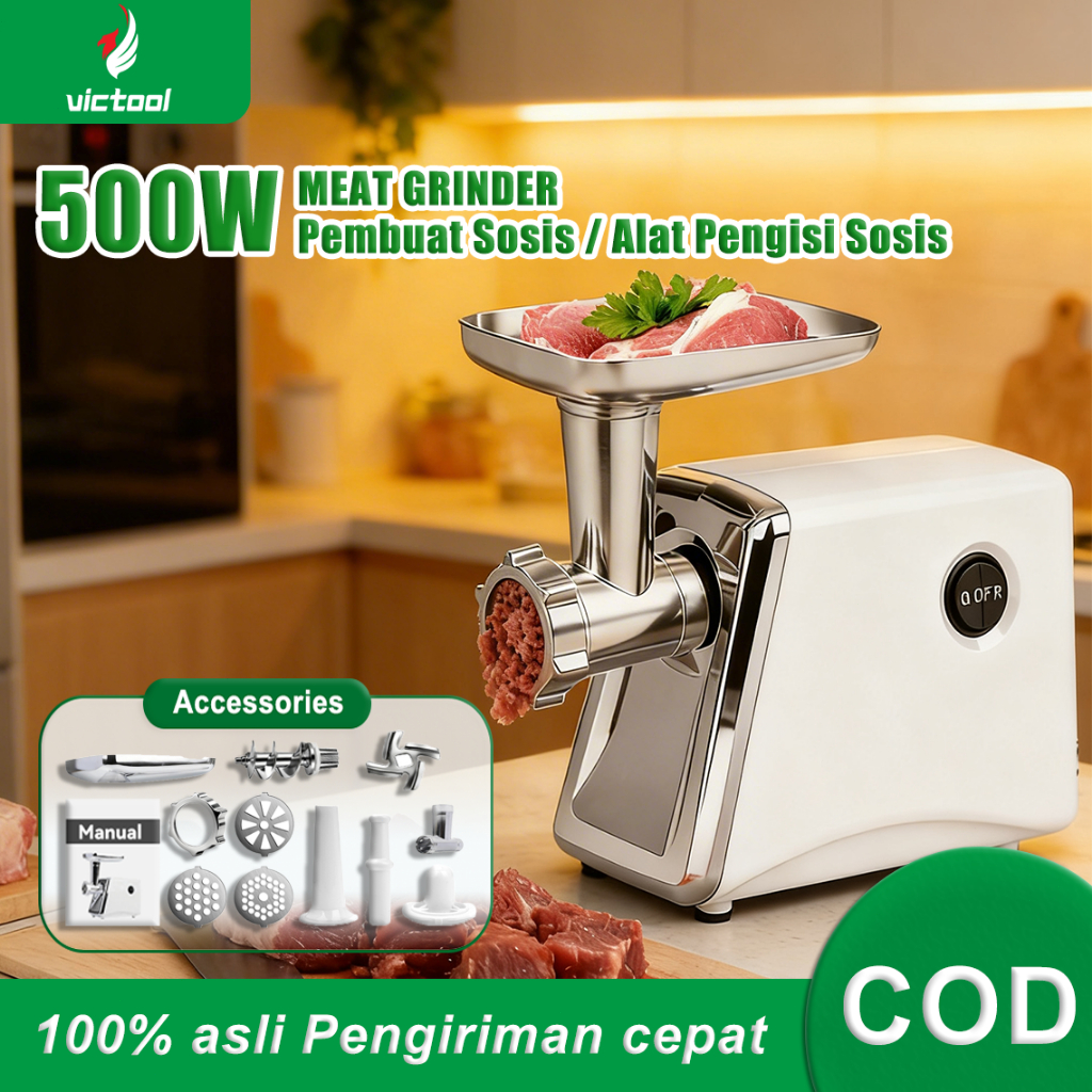 Victool 500W Mesin Penggiling Daging dan Pembuat Sosis – Alat Giling Daging Listrik Multifungsi, Bis