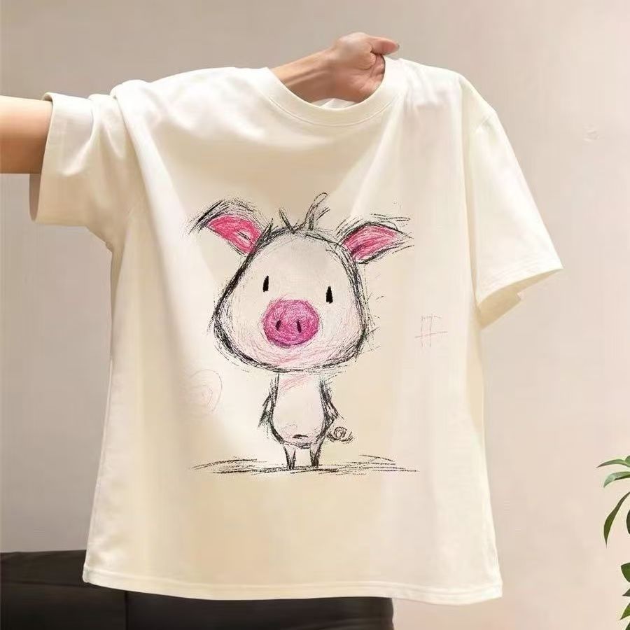Kaos Wanita Lengan Pendek Putih Motif Babi Kartun Aesthetic | Baju Kasual Harian