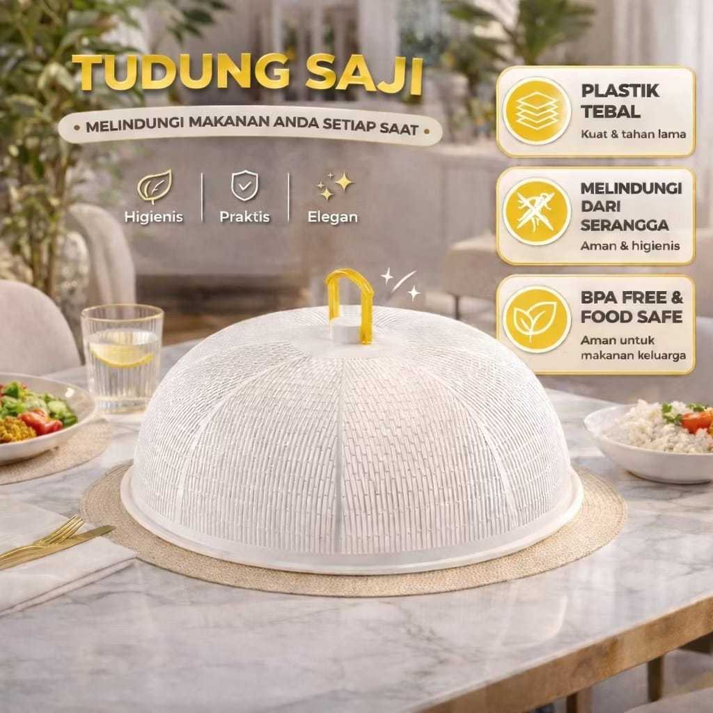 Tudung Saji Bulat Minimalis Modern Putih/Kuning Ukuran Medium 47x46x16cm Murah | Penutup Makanan Mej