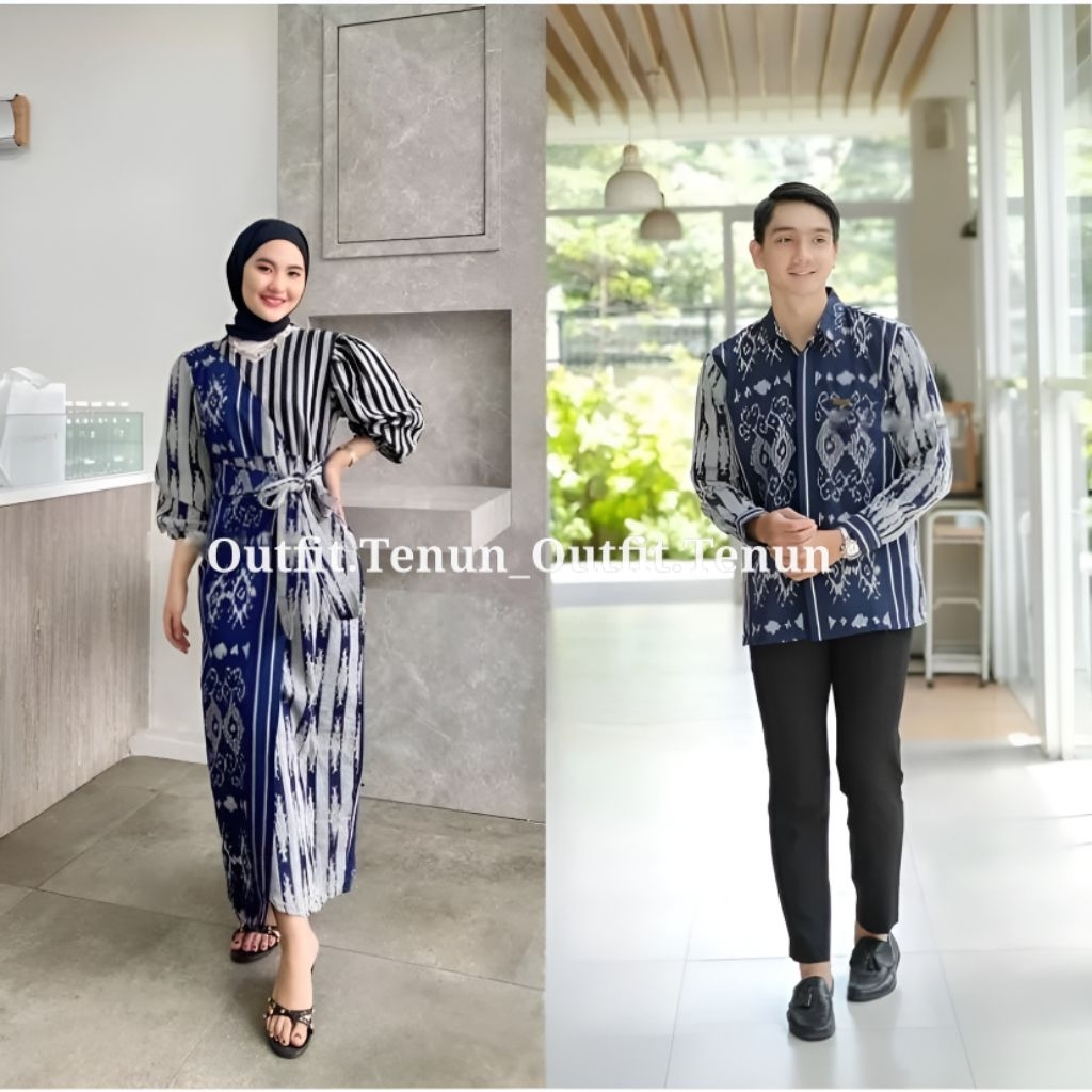 Couole Tenun Marline Dres Abu Navy baju pria wanita kondangan prewedding dinas guru kartinian