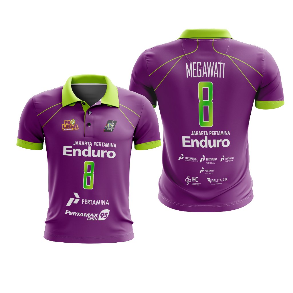 Baju Kaos Tshirt Dewasa Polo V-neck Jersey Olahraga Voli Volly Jakarta Pertamina Enduro Ungu Full Pr