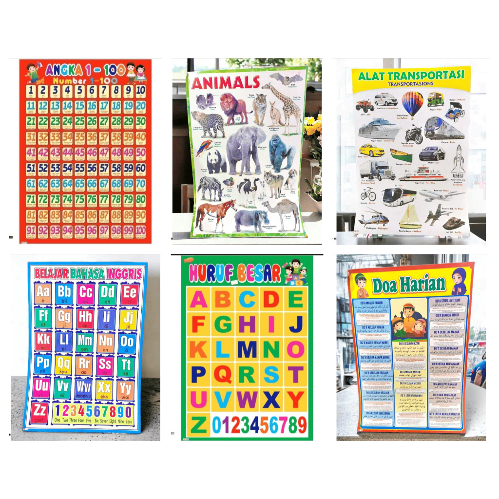 Paket 6 Poster Edukasi Anak Belajar Buah, Hijaiyah, Huruf Alphabet, Angka, Hewan, Doa fv