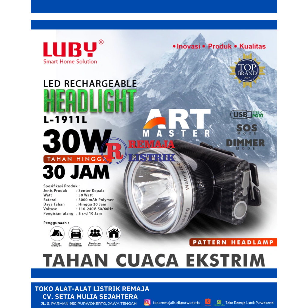 SENTER KEPALA 30W USB TYPE C CAHAYA PUTIH BODY KECIL LUBY L - 1911